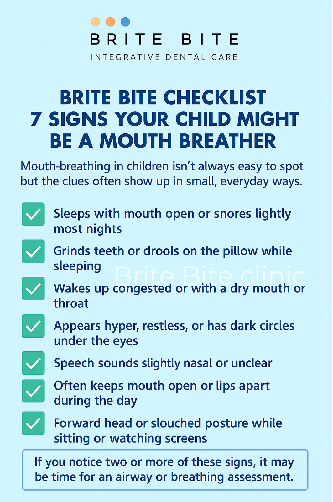 Brite Bite Clinic infographic showing 7 signs of mouth breathing in children, including open-mouth 
sleeping, drooling, nasal speech, and poor posture
