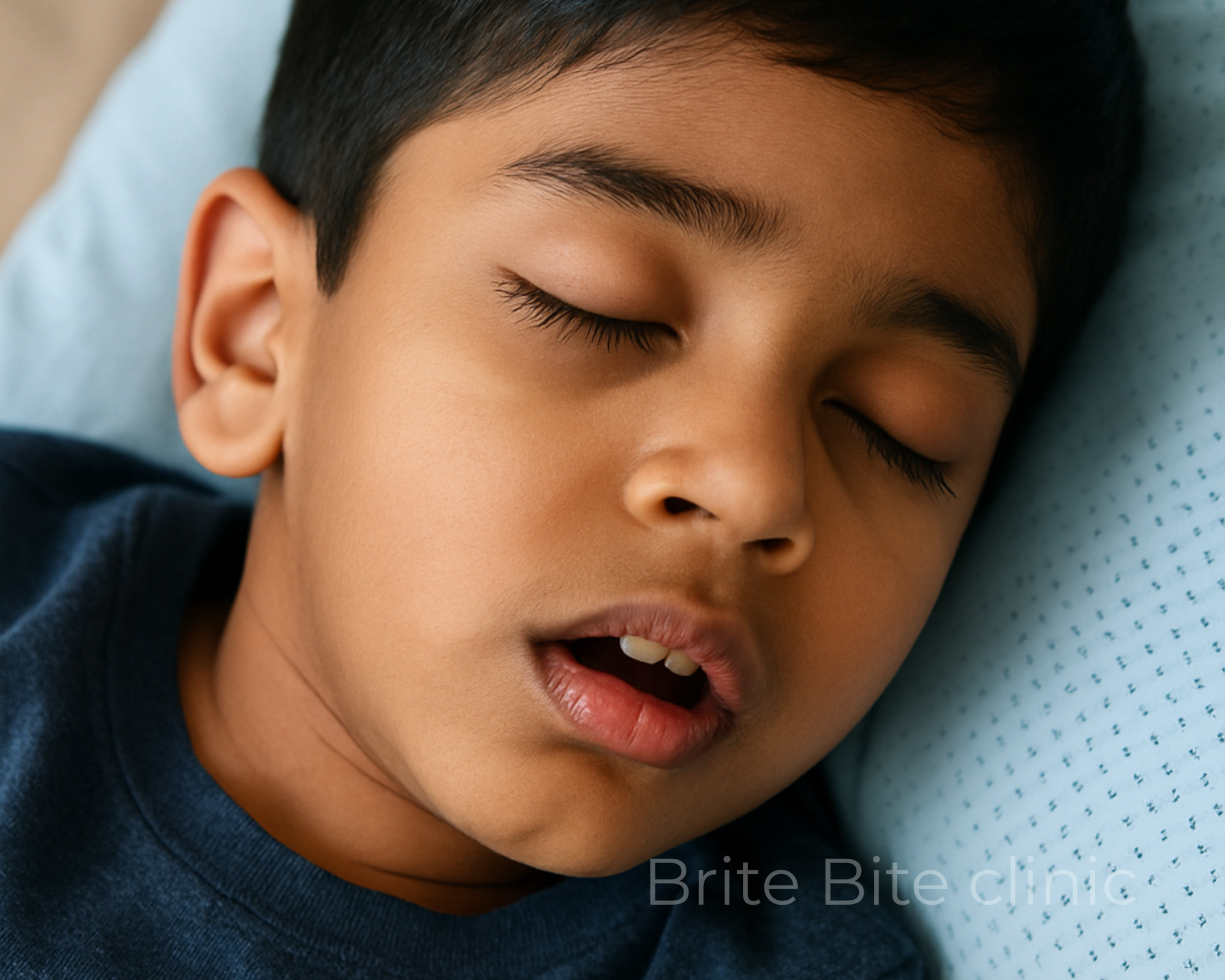 South Asian boy, around 7 years old, sleeping with mouth open—a visual representation of mouth 
breathing in children. Image by Brite Bite Clinic highlighting signs of pediatric airway concerns.