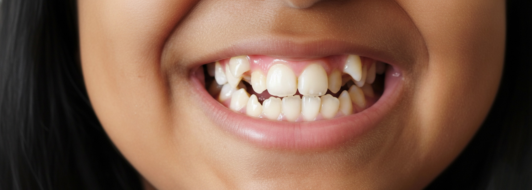 Illustration of crowded teeth and a high-arched narrow palate commonly seen in children 
who mouth-breathe