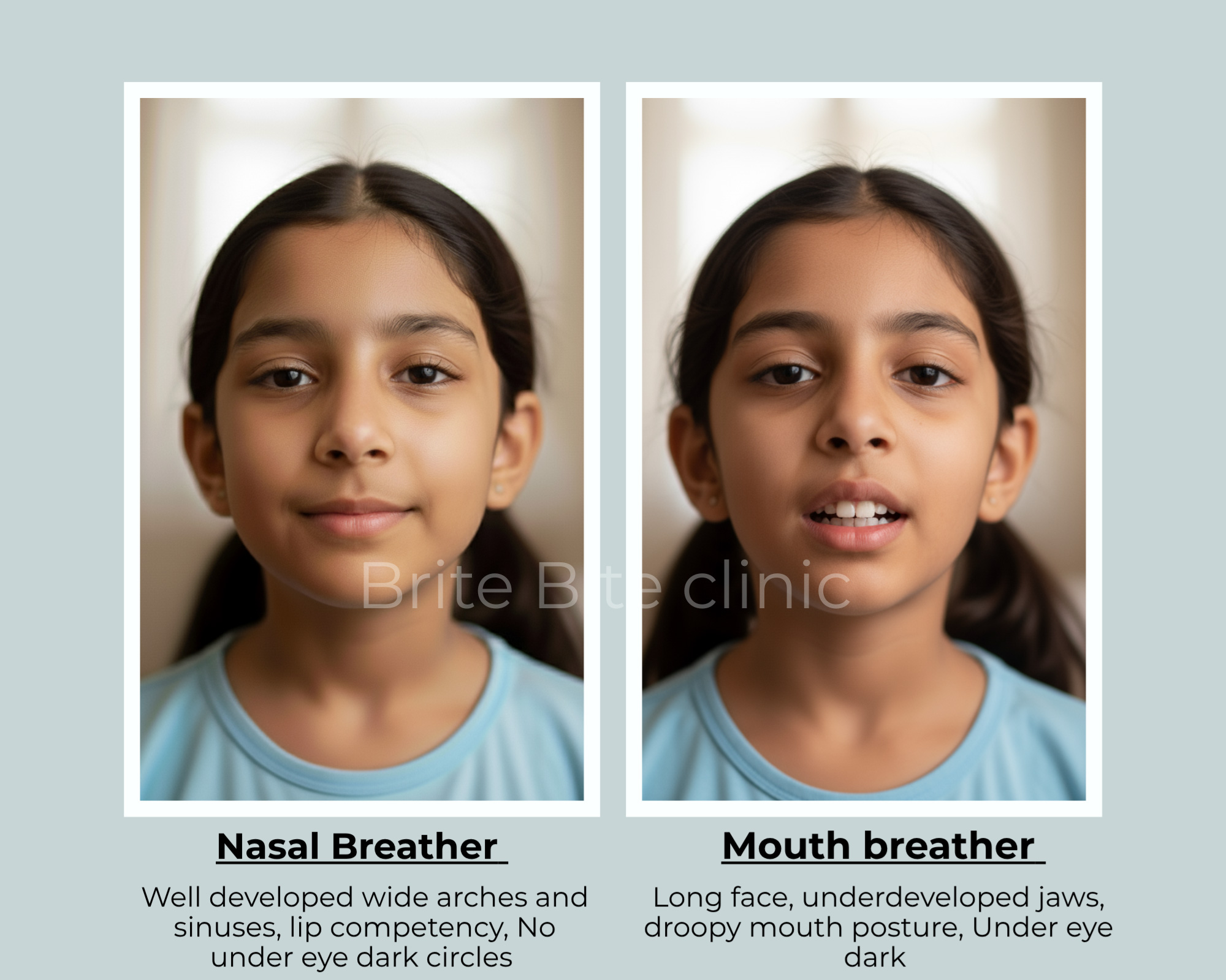 Side-by-side comparison by The Brite Bite Clinic showing a nasal-breathing child with 
wide facial features and a mouth-breathing child with long face, open mouth posture, and 
under-eye circles